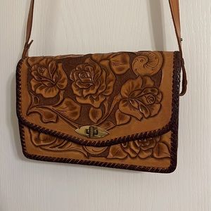 Vintage Carved Leather Hand Stitched Shoulder Purse